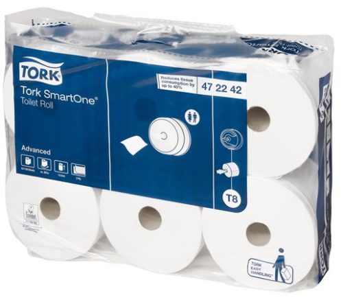 Toalettpapír, T8 rendszer, 2 rétegű, 19,9 cm átmérő, TORK SmartOne, fehér (KHH409)