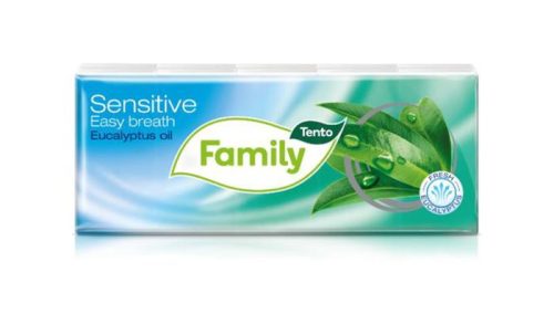 Papír zsebkendő, 3 rétegű, 10x10 db, TENTO Family, eukaliptuszolaj (KHH649)