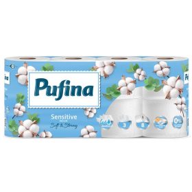   Toalettpapír, 3 rétegű, kistekercses, 8 tekercs, PUFINA Sensitive Aquabond, illatmentes (KHH864)