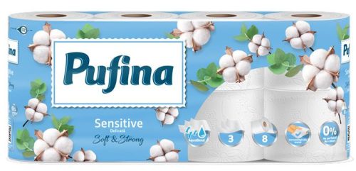 Toalettpapír, 3 rétegű, kistekercses, 8 tekercs, PUFINA Sensitive Aquabond, illatmentes (KHH864)
