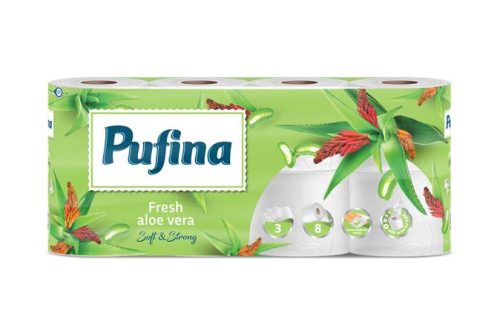 Toalettpapír, 3 rétegű, kistekercses, 8 tekercs, PUFINA Aloe Vera (KHH865)