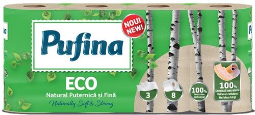 Toalettpapír, 3 rétegű, kistekercses, 8 tekercs, PUFINA Eco, fehérítetlen és vegyszermentes (KHH866)
