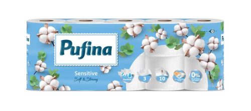 Toalettpapír, 3 rétegű, kistekercses, 10 tekercs, PUFINA Sensitive Aquabond, illatmentes (KHH867)