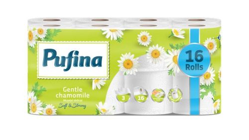 Toalettpapír, 3 rétegű, kistekercses, 16 tekercs, PUFINA Chamomile, kamilla illattal (KHH869)