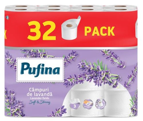 Toalettpapír, 3 rétegű, kistekercses, 32 tekercs, PUFINA Lavender Fields, levendula illattal (KHH870)