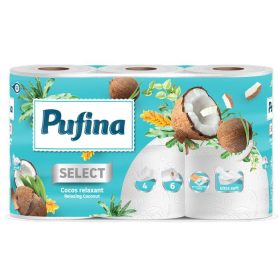   Toalettpapír, 4 rétegű, kistekercses, 6 tekercs, PUFINA Relaxing Coconut, kókusz illattal (KHH871)