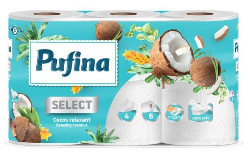 Toalettpapír, 4 rétegű, kistekercses, 6 tekercs, PUFINA Relaxing Coconut, kókusz illattal (KHH871)