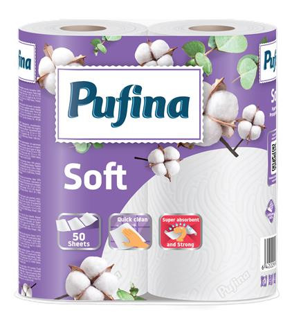 Háztartási papírtörlő, 2 rétegű, 50 lap, 2 tekercses, PUFINA Soft (KHH872)