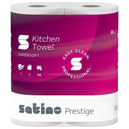 Kéztörlő, 2 rétegű, 2 tekercses,  64 lapos, Satino Prestige, fehér (KHH888)