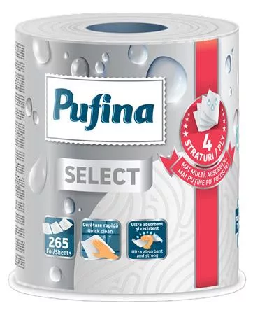 Háztartási papírtörlő, 4 rétegű, 265 lap, 1 tekercses, PUFINA Select (KHH947)