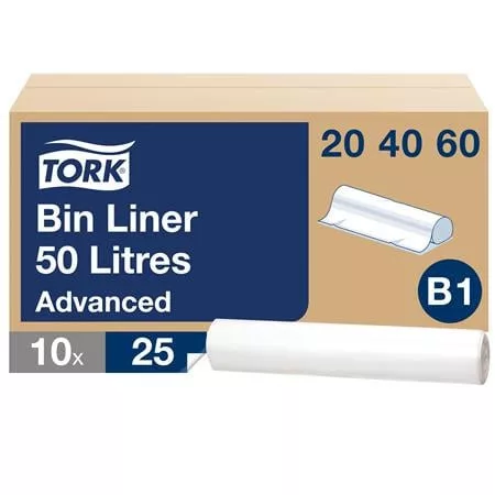 Hulladékgyűjtő zsák, 50 l, B1 rendszer, 10 x 25 db, TORK, átlátszó (KHH949)