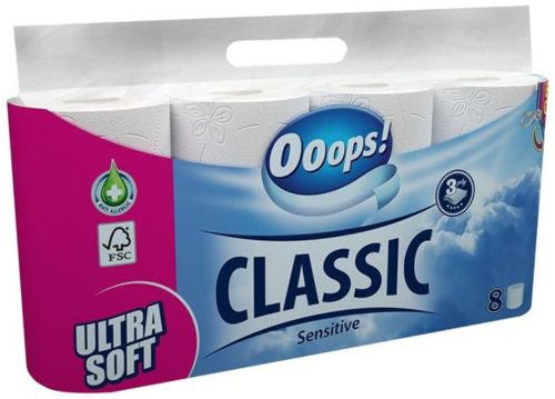 Toalettpapír, 3 rétegű, kistekercses, 8 tekercs, OOOPS Classic, sensitive (KHHVP060)