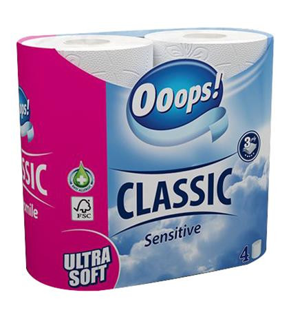 Toalettpapír, 3 rétegű, kistekercses, 4 tekercs, OOOPS Classic, sensitive (KHHVP061)