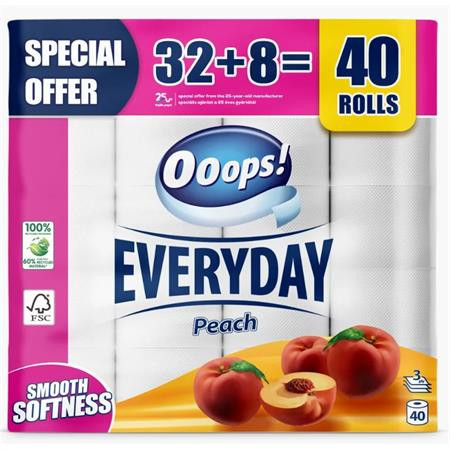 Toalettpapír, 3 rétegű, kistekercses, 32+8 tekercs, OOOPS Everyday, barack (KHHVP064)