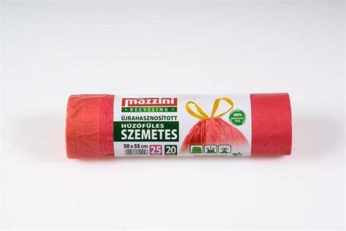 Szemeteszsák, újrahasznosított, húzófüles, 25 l, 20 db, 50x55 cm, 16 &mikro;, MAZZINI, piros (KHK914)