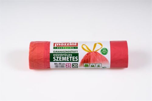 Szemeteszsák, újrahasznosított, húzófüles, 25 l, 20 db, 50x55 cm, 16 &mikro;, MAZZINI, piros (KHK914)