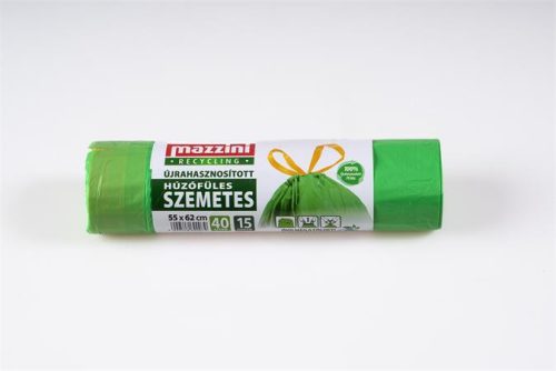 Szemeteszsák, újrahasznosított, húzófüles, 40 l, 15 db, 55x62 cm, 16 &mikro;, MAZZINI, zöld (KHK915)