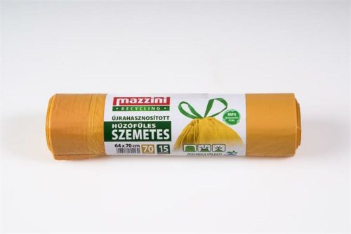 Szemeteszsák, újrahasznosított, húzófüles, 70 l, 15 db, 64x70 cm, 18 &mikro;, MAZZINI, sárga (KHK916)