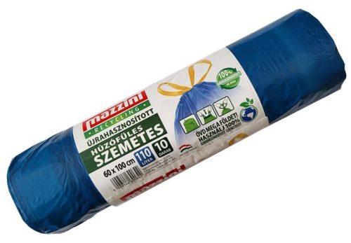 Szemeteszsák, újrahasznosított húzófüles, 110 l, 10 db, 60x100 cm, 28 &mikro;, MAZZINI, kék (KHK917)