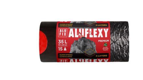 Szemeteszsák, zárószalagos, 35 l, 15 db, 53x60 cm, 28 &mikro;, ALUFIX Aluflexy, fekete (KHK964)