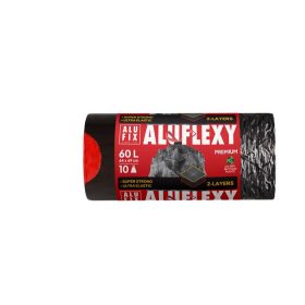   Szemeteszsák, zárószalagos, 60 l, 10 db, 64x69 cm, 33 &mikro;, ALUFIX Aluflexy, fekete (KHK965)