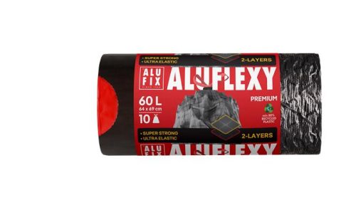 Szemeteszsák, zárószalagos, 60 l, 10 db, 64x69 cm, 33 &mikro;, ALUFIX Aluflexy, fekete (KHK965)