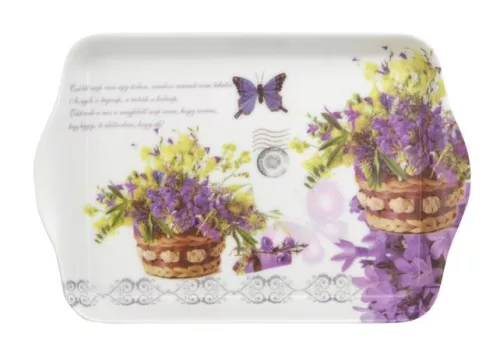 Tálca, műanyag, szögletes, levendula mintás, 21x14cm (KHKE149)