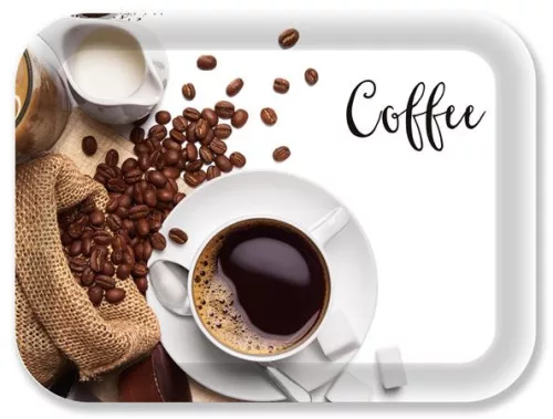 Tálca, szögletes, műanyag, kávé mintás, 33x24,5 cm (KHKE682)