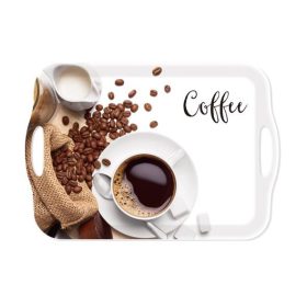   Tálca, szögletes, műanyag, füllel, kávé mintás, 41,5x28,5 cm (KHKE683)