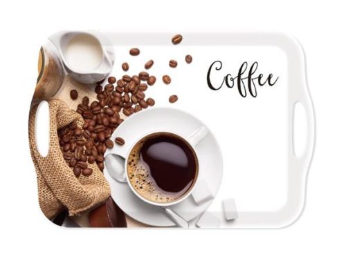 Tálca, szögletes, műanyag, füllel, kávé mintás, 41,5x28,5 cm (KHKE683)