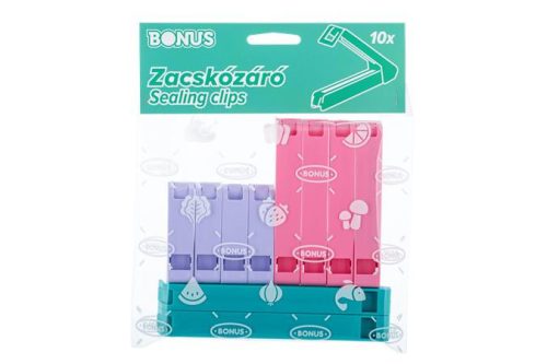 Zacskózáró csipesz, 10 db, BONUS, vegyes színek (KHT1193)