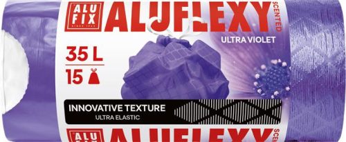 Szemeteszsák, zárószalagos, LDPE, illatosított, 35 l, 15 db, 53x53 cm, 20 &mikro;, ALUFIX Aluflexy, lila (KHT1538)
