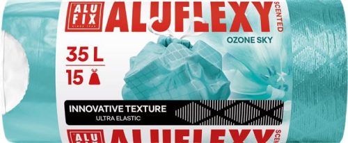 Szemeteszsák, zárószalagos, LDPE, illatosított, 35 l, 15 db, 53x53 cm, 20 &mikro;, ALUFIX Aluflexy, türkizkék (KHT1540)