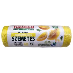   Szemeteszsák, újrahasznosított, köthető füles, illatosított, 60 l, 15 db, 59x72 cm, 13 &mikro;, MAZZINI, citrus illat (KHT1553)