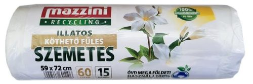 Szemeteszsák, újrahasznosított, köthető füles, illatosított, 60 l, 15 db, 59x72 cm, 13 &mikro;, MAZZINI, virág illat (KHT1554)