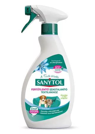 Kisállat szagsemlegesítő és fertőtlenítő spray, textíliákhoz, 500 ml, SANYTOL (KHT1612)