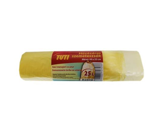 Szemeteszsák, zárószalagos, 25 l, 20 db, 50x55 cm, 12 &mikro;, TUTI, sárga (KHT198)
