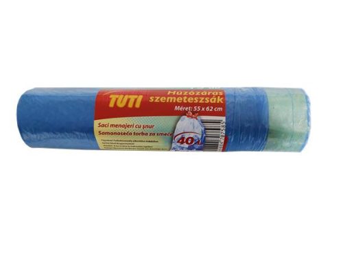 Szemeteszsák, zárószalagos, 40 l, 15 db, 55x62 cm, 14 &mikro;, TUTI, kék (KHT199)