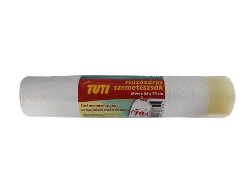 Szemeteszsák, zárószalagos, 70 l, 15 db, 64x70 cm, 14 &mikro;, TUTI, fehér (KHT295)