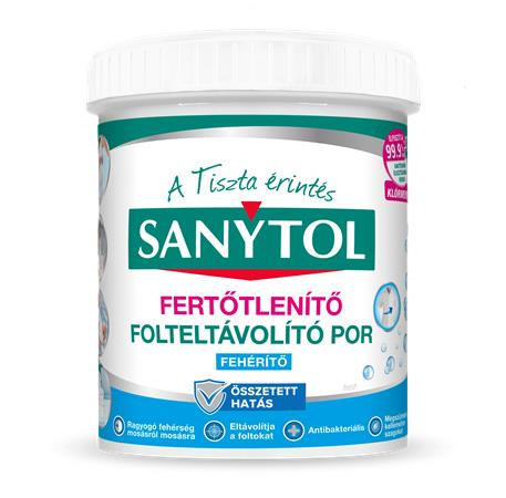 Folteltávolító- és fertőtlenítő por, 450 g, SANYTOL, fehér ruhákhoz (KHT979)