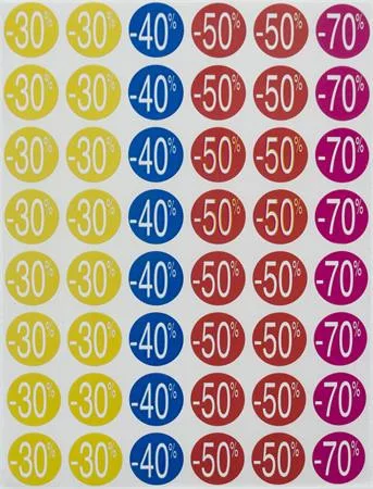 Etikett, árengedmény, 24 mm, kör, színes, APLI, 240 etikett/csomag, -20-50 százalék  (LCA101232)