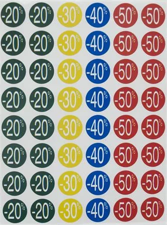 Etikett, árengedmény, 24 mm, kör, színes, APLI, 240 etikett/csomag, -30-70 százalék  (LCA101373)