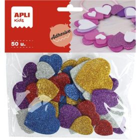   Moosgumi, öntapadó, glitteres, szívek, APLI Kids Eva Sheets, vegyes színek (LCA13484)
