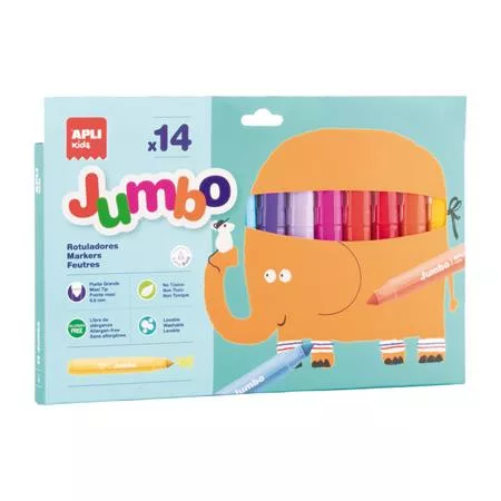 Filctoll készlet, 9,6 mm, kimosható, vastag, APLI Kids Jumbo, 14 különböző szín (LCA20623)