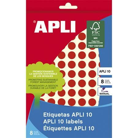 Etikett, 10 mm kör, kézzel írható, színes, APLI, piros, 1008 etikett/csomag (LCA2732)