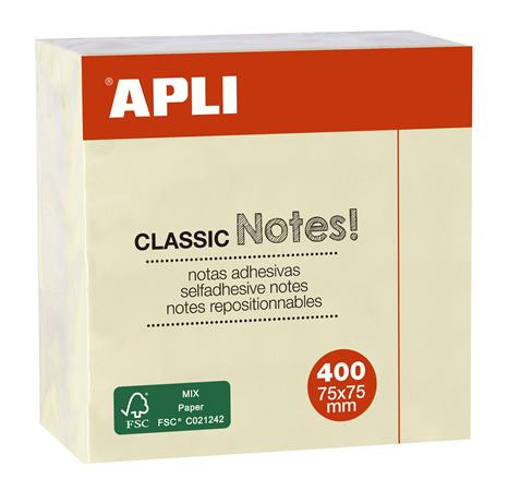 Öntapadó jegyzettömb, 75x75 mm, 400 lap, APLI Classic, sárga (LNP11597)