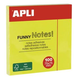   Öntapadó jegyzettömb, 75x75 mm, 100 lap, APLI Funny, neon sárga (LNP11897)
