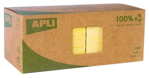 Öntapadó jegyzettömb, 75x75 mm, 100 lap, újrahasznosított, APLI Classic, sárga (LNP11987)