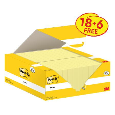 Öntapadó jegyzettömb, 38x51 mm, 18+6x100 lap, 3M POSTIT, kanári sárga (LP653CYVP24)