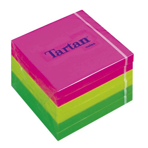Öntapadó jegyzettömb, 76x76 mm, 100 lap, 6 tömb/cs, TARTAN, vegyes neon színek (LPT7676N)
